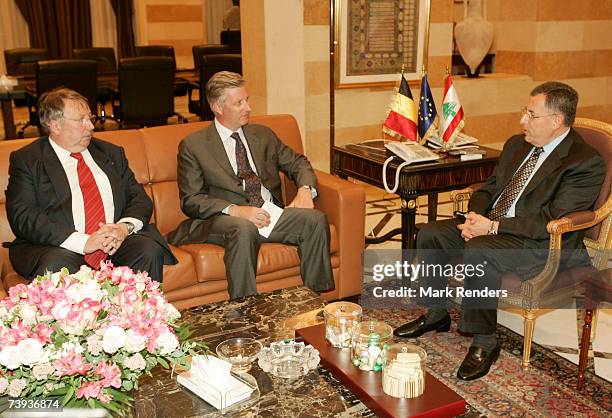 Belgian Defense Minister Andre Flahaut and Prince Philippe of Belgium meet with the Lebanese Prime Minister Sinyora Fouadat at the Grand Serail April...