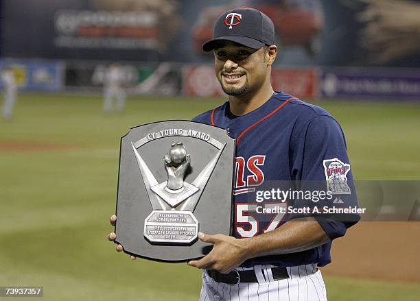 Johan Santana of the Twins receives the 2006 Cy Young Award on April 14, 2007 at the Metrodome in Minneapolis, Minnesota.