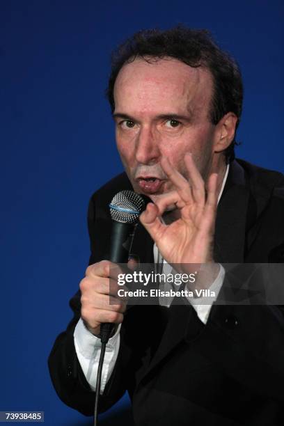 Italian actor Roberto Benigni performs part of his 'Tutto Dante', the one-man show about Dante Alighieri, at Teatro Tenda on April 20, 2007 in Rome,...