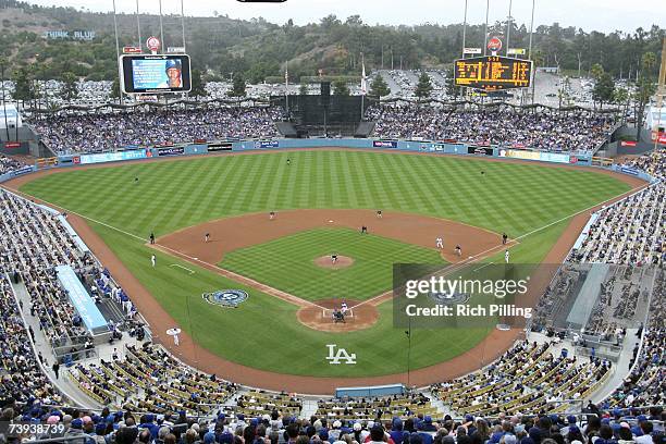 General view of Dodger Stadium showing the special logos during the game to celebrate Jackie Robinson Day between the Los Angeles Dodgers and the San...