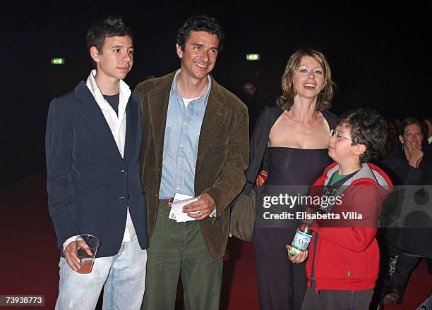 Italian actress Amanda Sandrelli with husband Blas Roca-Rey and their sons attend the 'Tutto Dante' performance by Roberto Benigni at Teatro Tenda on...