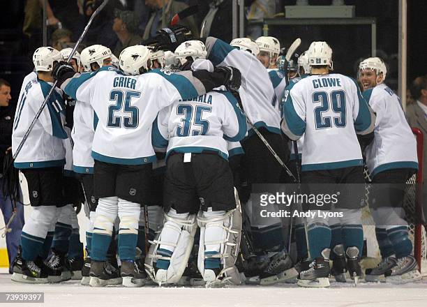 The San Jose Sharks celebrate their 3-2 victory over the Nashville Predators during Game 5 of the 2007 NHL Western Conference Quarterfinals on April...