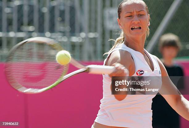 Ivana Lisjak of Croatia plays a forehand in her match against Anna-Lena Groenefeld of Germany during the Fed Cup game between Germany and Croatia on...