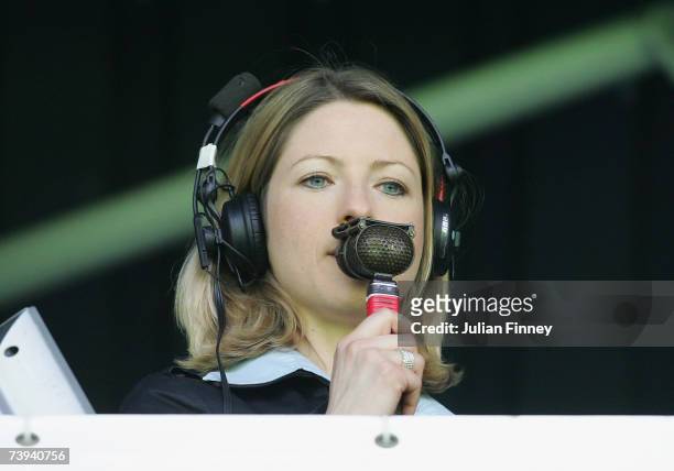 Jacqui Oatley commentates, she becomes the first women to commentate on BBC TV?s Match of The Day, during the Barclays Premiership match between...