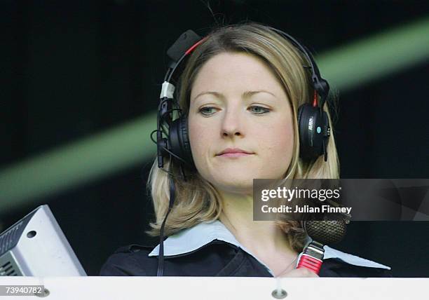 Jacqui Oatley commentates as she becomes the first women to commentate on BBC TV?s Match of The Day, during the Barclays Premiership match between...