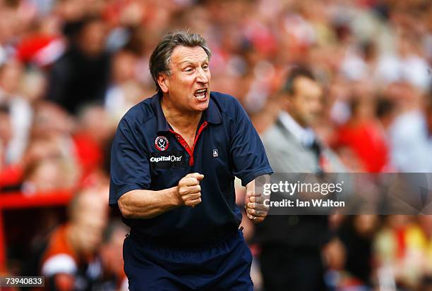 Neil Warnock the Sheffield United manager shouts instructions from the touchline during the Barclays Premiership match between Charlton Athletic and...