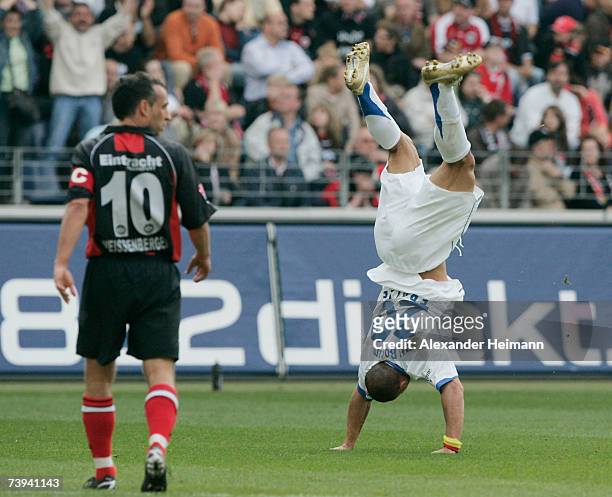 Joel Epalle celebrates his 2:0 goal during the Bundesliga match between Eintracht Frankfurt and VFL Bochum at the Commerzbank Arena on April 21, 2007...