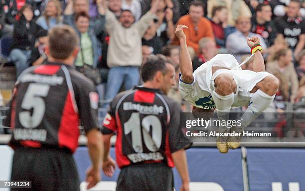 Joel Epalle celebrates his 2:0 goal during the Bundesliga match between Eintracht Frankfurt and VFL Bochum at the Commerzbank Arena on April 21, 2007...