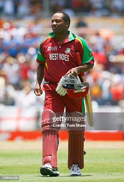 Brian Lara of West Indies walks back after being run out by Kevin Pietersen of England during the ICC Cricket World Cup Super Eights match between...