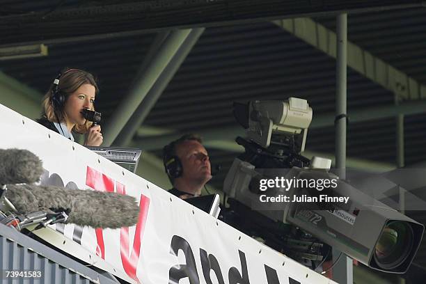 Jacqui Oatley commentates, she becomes the first women to commentate on BBC TV?s Match of The Day during the Barclays Premiership match between...