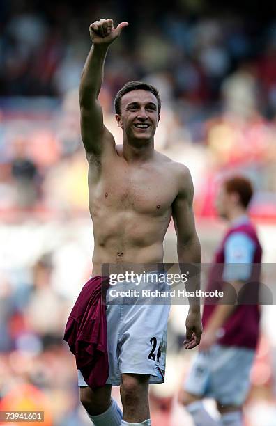 Mark Noble of West Ham United celebrates at the final whistle during the Barclays Premiership match between West Ham United and Everton at Upton Park...