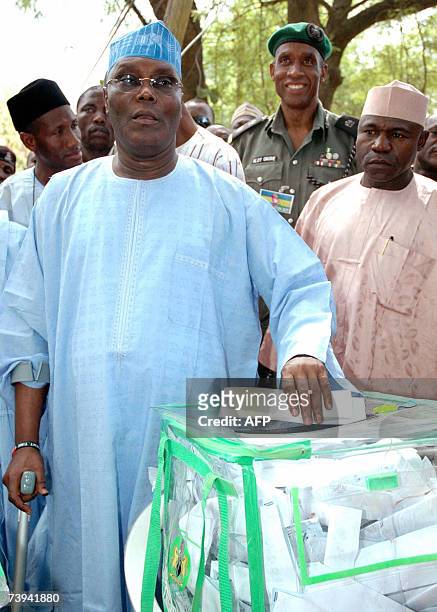Vice-president Atiku Abubakar casts his vote at in Jimeta, Adamawa state, western Nigeria, 21 April 2007. Voting stations started to close late...