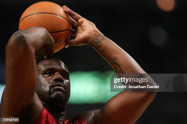 Shaquille O'Neal of the Miami Heat shoots a freethrow attempt against the Chicago Bulls in Game One of the Eastern Conference Quarterfinals during...