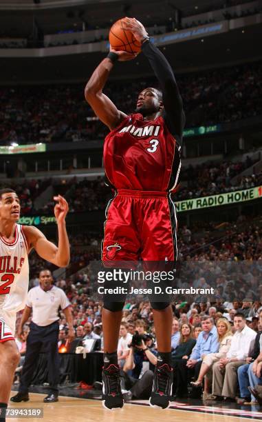 Dwyane Wade of the Miami Heat attempts a shot against the Chicago Bulls in Game One of the Eastern Conference Quarterfinals during the 2007 NBA...