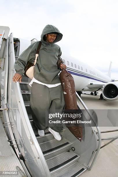 Allen Iverson of the Denver Nuggets gets off the team charter plane in San Antonio for Game One of the Western Conference Quarterfinals against the...