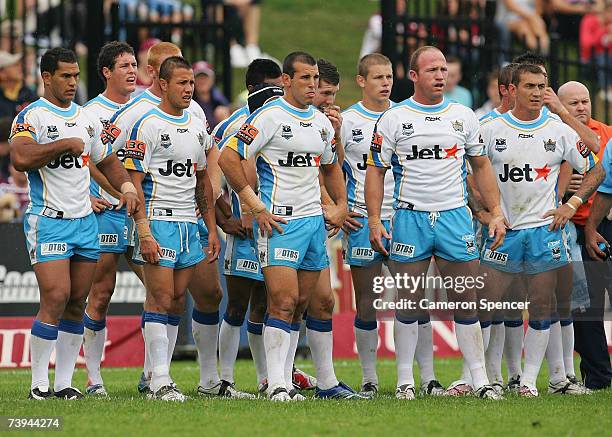 Titans players look dejected after a Sea Eagles try during the round six NRL match between the Manly Warringah Sea Eagles and the Gold Coast Titans...