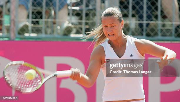 Ivana Lisjak of Croatia plays a forehand during her game against Tatjana Malek during the Fed Cup game between Germany and Croatia on April 22, 2007...