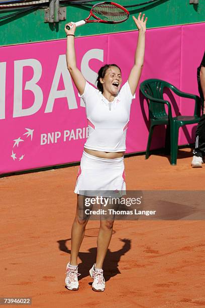 Tatjana Malek of Germany celebrates after her game against Ivana Lisjak during the Fed Cup game between Germany and Croatia on April 22, 2007 in...