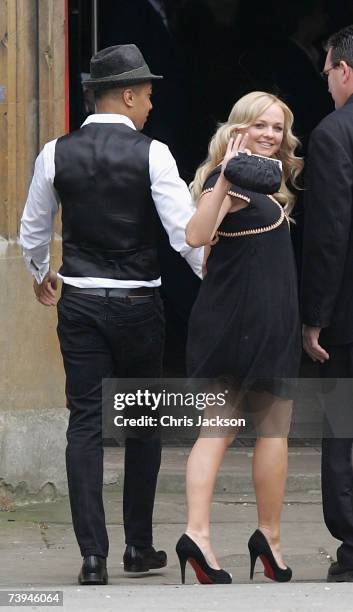 Singer Emma Bunton and boyfriend Jade Jones arrive for the christening of Geri Halliwell's daughter Bluebell Madonna, at St. Michael's church in...