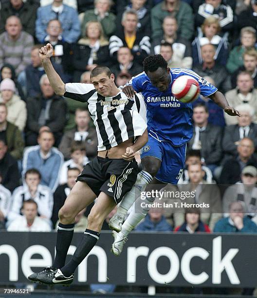 Andy Carroll of Newcastle United competes with Michael Essien of Chelsea during the Barclays Premiership match between Chelsea and Newcastle United...