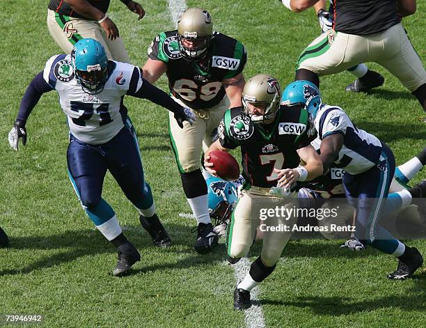 Quarterback Travis Lulay of Berlin in action during the NFL Europe match between Berlin Thunder and Hamburg Sea Devils at the Olympic stadium on...