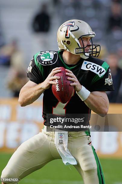 Quarterback Travis Lulay of Berlin Thunder in action during the NFL Europe match between Berlin Thunder and Hamburg Sea Devils at the Olympic stadium...
