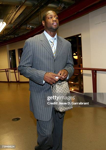 Dwyane Wade of the Miami Heat arrives at the arena prior to Game One of the Eastern Conference Quarterfinals against the Chicago Bulls during the...