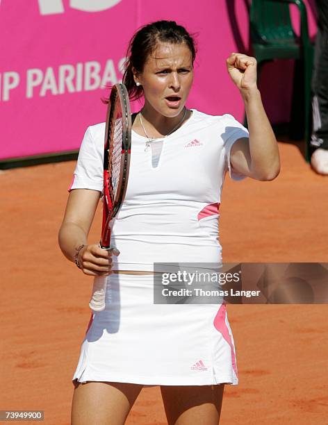 Tatjana Malek reacts after her match against Ivana Lisjak during the Fed Cup game between Germany and Croatia on April 22, 2007 in Furth, Germany....