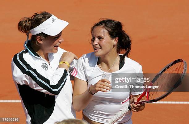 Andrea Petkovic and Tatjana Malek of Germany celebrate after Malek?s match against Ivana Lisjak during the Fed Cup game between Germany and Croatia...