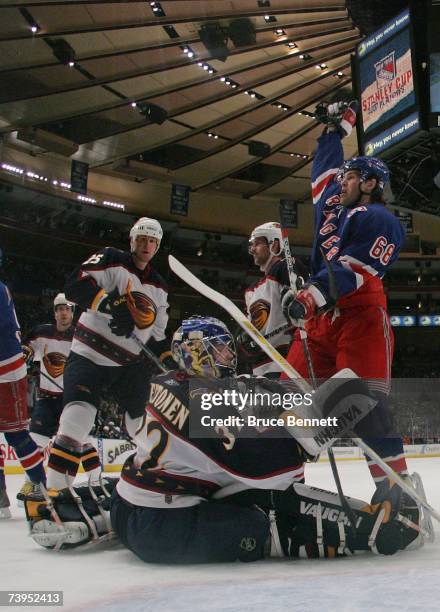 Jaromir Jagr of the New York Rangers celebrates a first period goal by teammate Michael Nylander against the Atlanta Thrashers during the 2007...