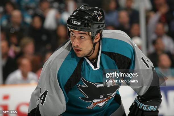 Jonathan Cheechoo of the San Jose Sharks skates during Game 3 of the 2007 Western Conference Quarterfinals against the Nashville Predators on April...