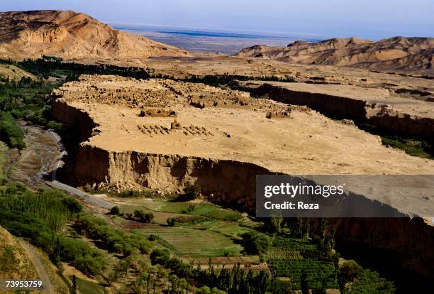 Aerial view of the ancient city of Jiaohe, built 2,300 years ago, August, 1995 in Turpan, China.