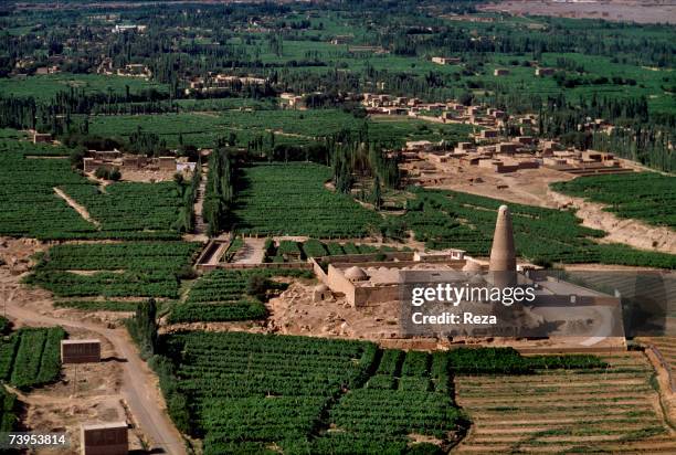 Aerial view of the Emin Mosque and Minaret built in 1778 in Turpan August, 1995 in Turpan, China.