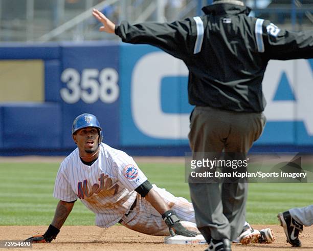 Jose Reyes of the New York Mets safe at second base at Shea Stadium during a game against the Atlanta Braves on April 21, 2007 in Flushing, New York.