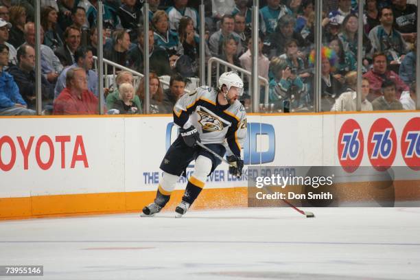 Peter Forsberg of the Nashville Predators skates with the puck during Game 4 of the 2007 Western Conference Quarterfinals against the San Jose Sharks...