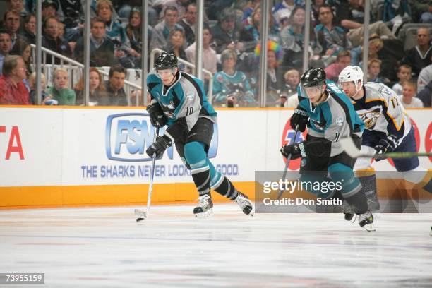 Christian Ehrhoff of the San Jose Sharks skates with the puck during Game 4 of the 2007 Western Conference Quarterfinals against the Nashville...