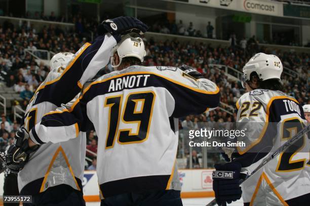 Jason Arnott of the Nashville Predators skates celebrates with teammates during Game 4 of the 2007 Western Conference Quarterfinals against the San...
