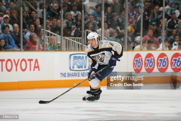 Shea Weber of the Nashville Predators skates with the puck during Game 4 of the 2007 Western Conference Quarterfinals against the San Jose Sharks on...