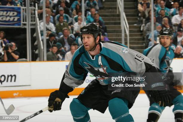 Joe Thornton of the San Jose Sharks skates during Game 4 of the 2007 Western Conference Quarterfinals against the Nashville Predators on April 18,...