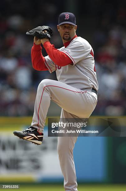 Tim Wakefield of the Boston Red Sox pitches during the game against the Texas Rangers at Rangers Ballpark in Arlington in Arlington, Texas on April...
