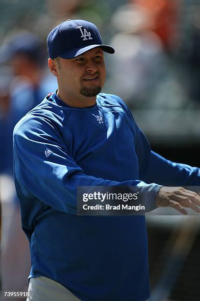 Jason Schmidt of the Los Angeles Dodgers gets loose prior to the game against the San Francisco Giants at AT&T Park in San Francisco, California on...