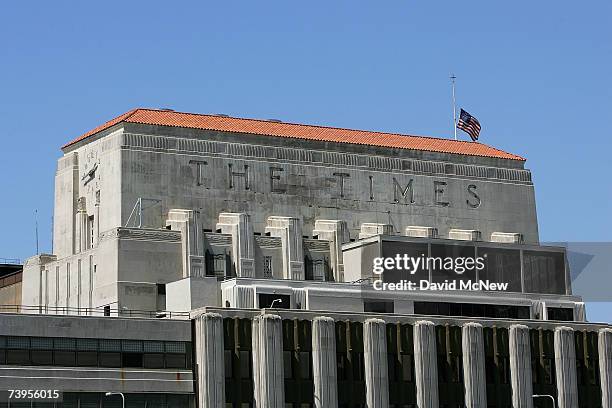 Flag flies half-staff on top of the Los Angeles Times building April 23, 2007 in Los Angeles, California. The Times announced today that it will...