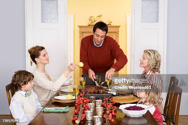 family having christmas dinner - femme bras tendu cuillère photos et images de collection