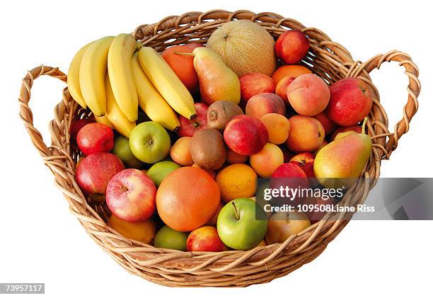 fruit basket, elevated view - fruitschaal stockfoto's en -beelden