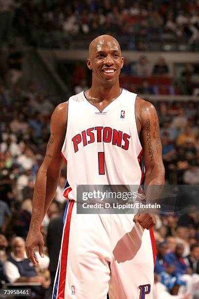 Chauncey Billups of the Detroit Pistons reacts during a game against the Orlando Magic in Game Two of the Eastern Conference Quarterfinals during the...