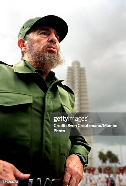 Cuba's leader Fidel Castro Ruz, stands in front of the State Council with the Jose Marti monument in his back, as he is waiting for the president of...