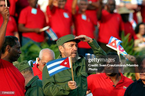 President of Cuba Fidel Castro gives a speech during the traditional 1st of May political act at the Plaza de la Revolucion in the Revolution Square...
