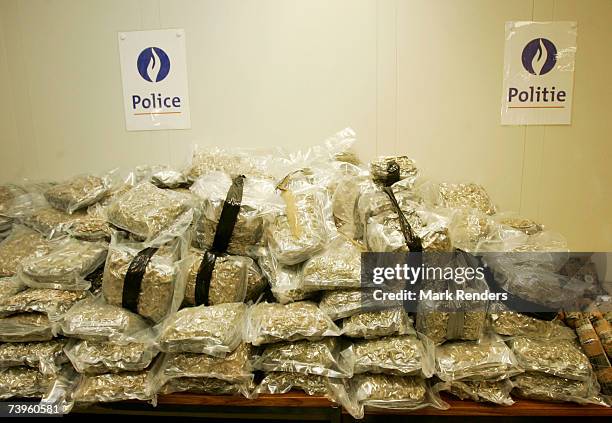 Confiscated bags containing marijuana are displayed at the Brussels Federal Police station on April 24, 2007 in the Belgian capital Brussels. 350 kg...