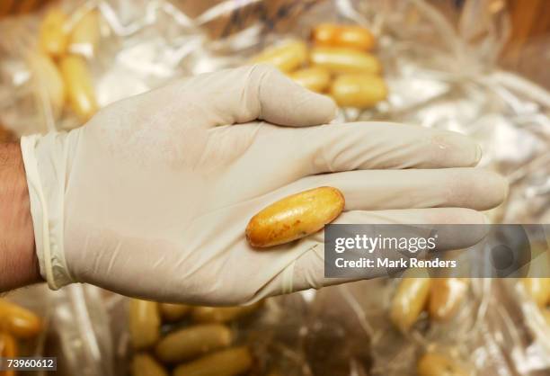 Confiscated capsules containing about 15 grams of cocaine each are displayed at the Brussels Federal Police station on April 24, 2007 in the Belgian...
