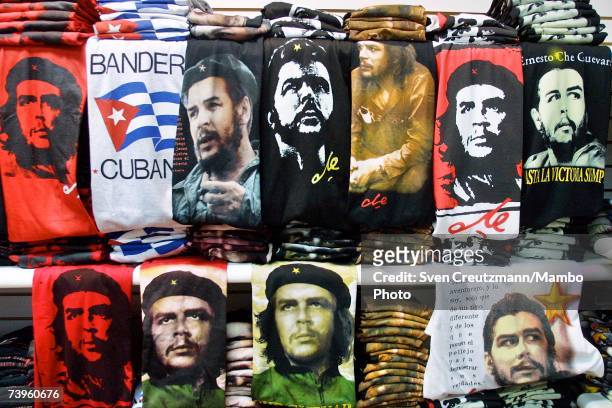 Shirts with the images of Ernesto Guevara de la Serna also known as Che Guevara are on display at Palacio de Artesania in Havana, Cuba.